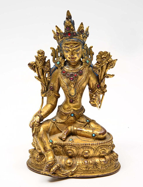 Appraisal: A SINO-TIBETAN GILT BRONZE FIGURE of Padmapani in vajraparyankasana with