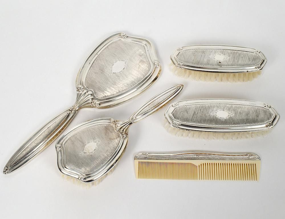 Appraisal: FIVE PIECE SILVER DRESSING SET All stamped Including a beveled