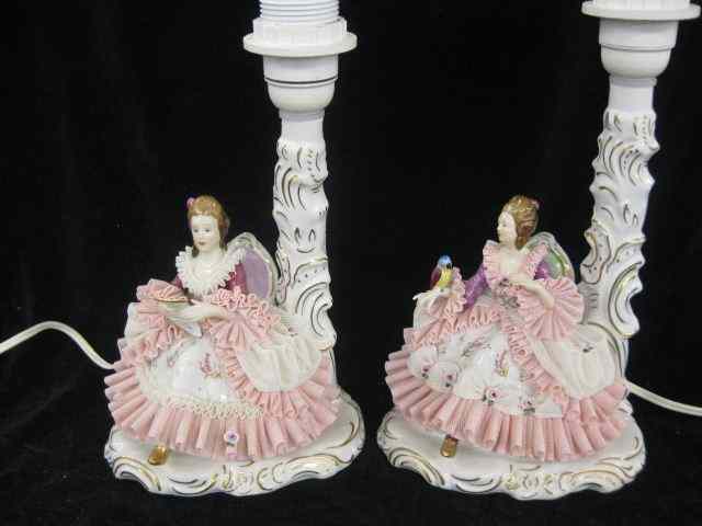 Appraisal: Pair of Dresden Lace Porcelain Boudoir Lamps lady reading other