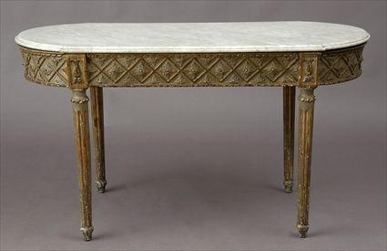 Appraisal: LOUIS XVI-STYLE CARVED PAINTED AND PARCEL-GILT CENTER TABLE The carrara