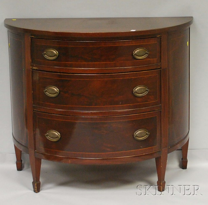 Appraisal: George III Style Inlaid Mahogany and Mahogany Veneer Demilune Three-Drawer