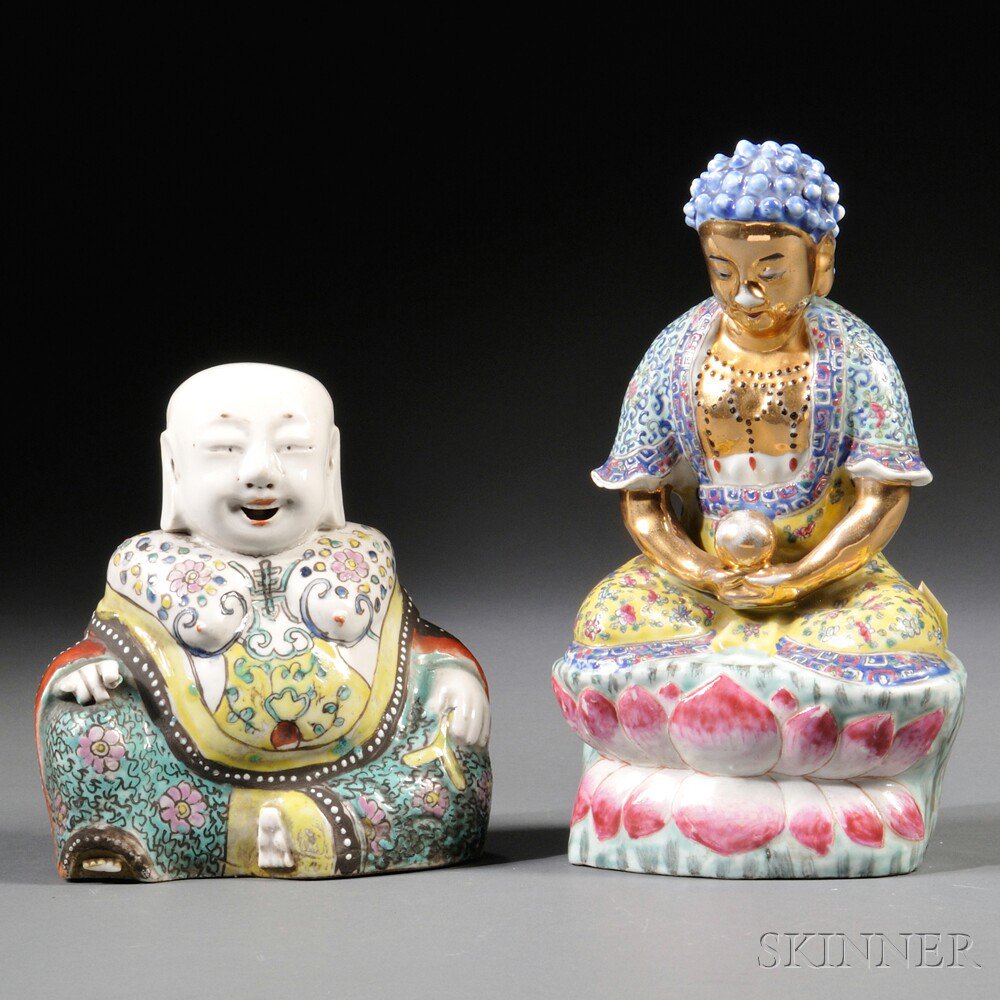 Appraisal: Two Polychrome Porcelain Figures China Budai and Buddha each seated