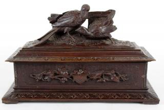 Appraisal: Black Forest dresser jewelry box with birds Black Forest carved