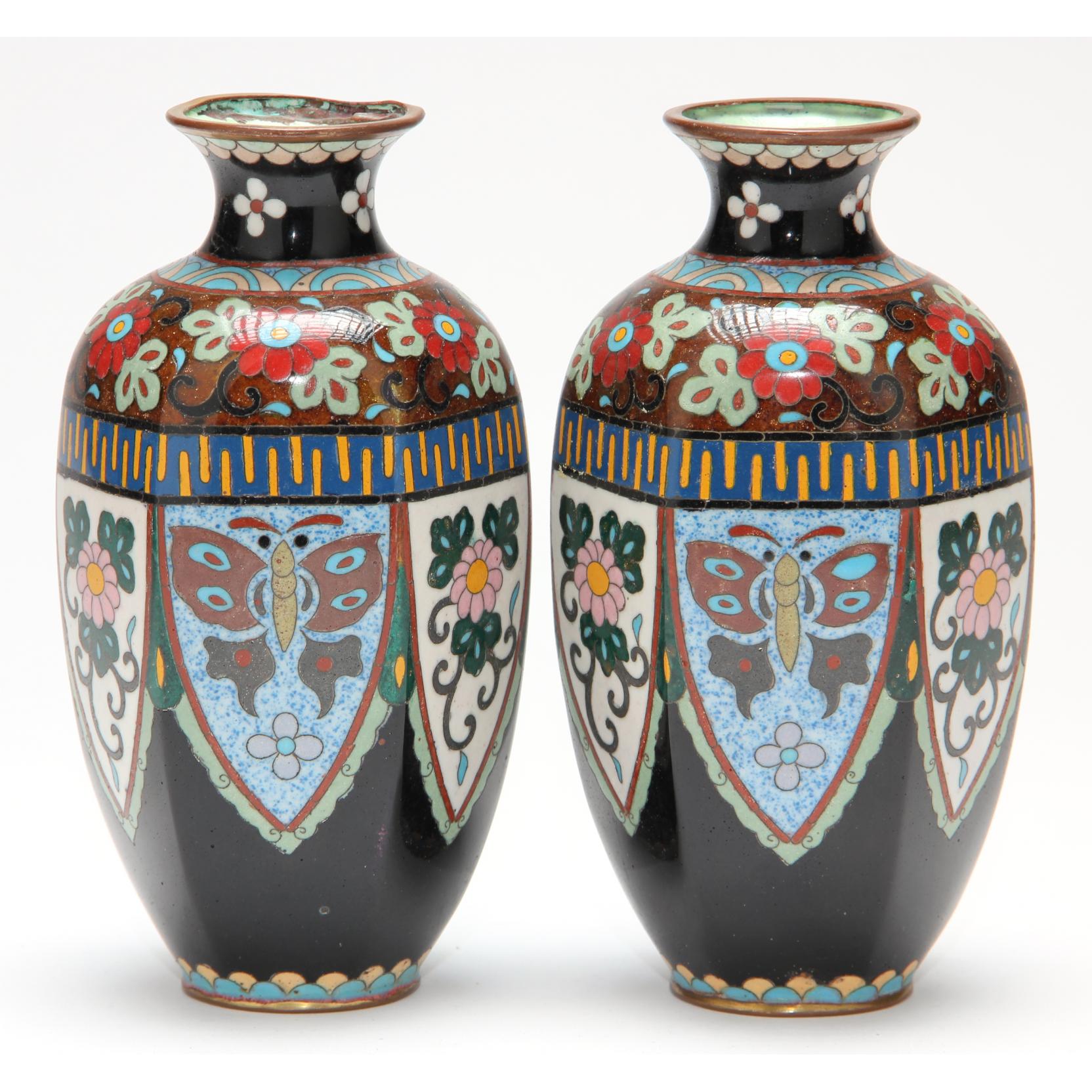 Appraisal: Pair of Chinese Cloisonne Vases dark blue exterior ground highly