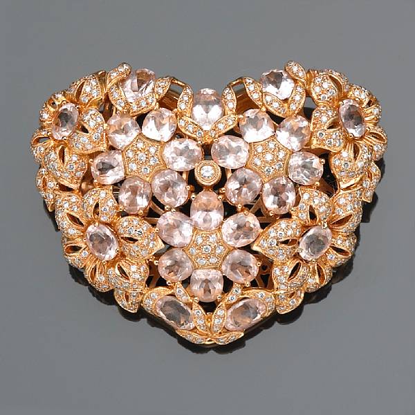 Appraisal: A kunzite and diamond heart motif brooch-pendant-enhancer estimated total diamond