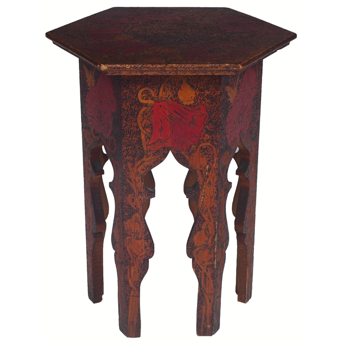 Appraisal: Arts and Crafts tabouret Flemish influence hexagonal top with a