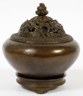 Appraisal: CHINESE INCENSE BRONZE COVERED JAR H DIA teakwood base mark