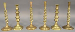 Appraisal: Three pairs of brass candlesticks including two pairs of English