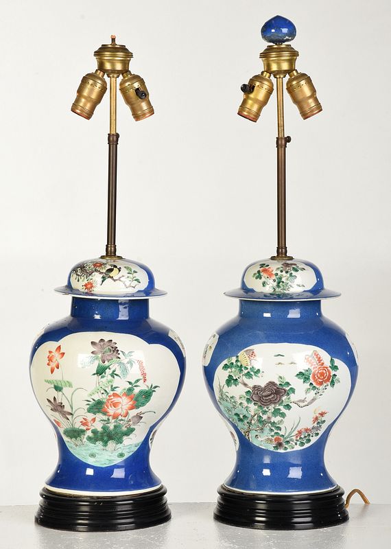 Appraisal: Pair Chinese Blue Famille Verte Jars Qing dynasty lidded porcelain