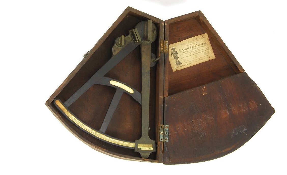 Appraisal: EARLY CASED EBONY BRASS AND IVORY OCTANT Mahogany case with