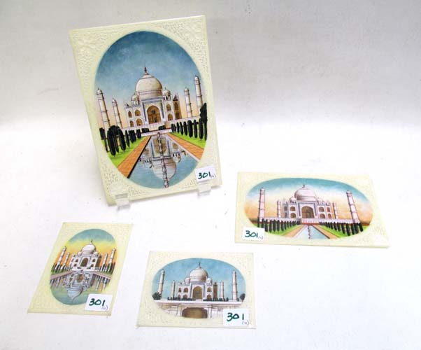 Appraisal: FOUR MINIATURE TAJ MAHAL PAINTINGS with hand painted reserves and