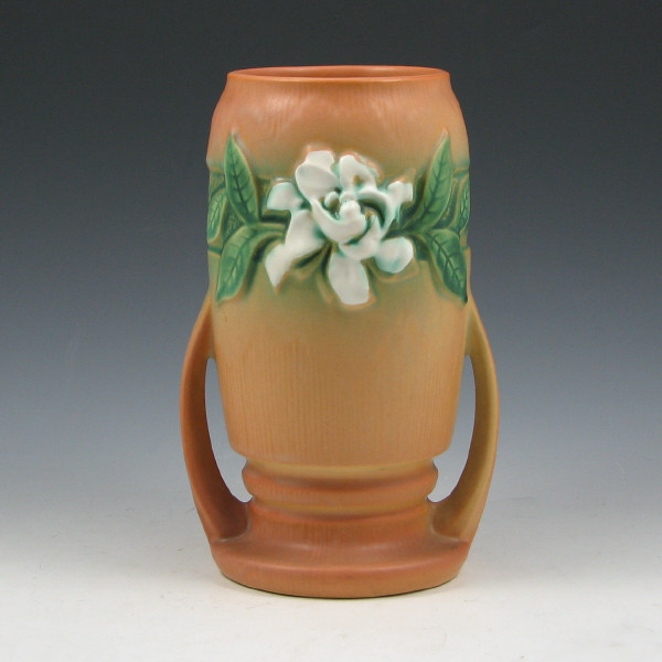 Appraisal: Roseville Gardenia handled vase in brown Marked Roseville USA -