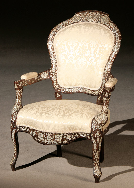 Appraisal: Syrian Mother-of-Pearl Marquetry Hardwood Armchair Last Quarter th Century With