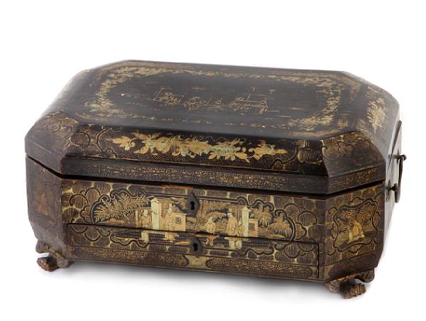 Appraisal: A japanned sewing box height in width in depth in