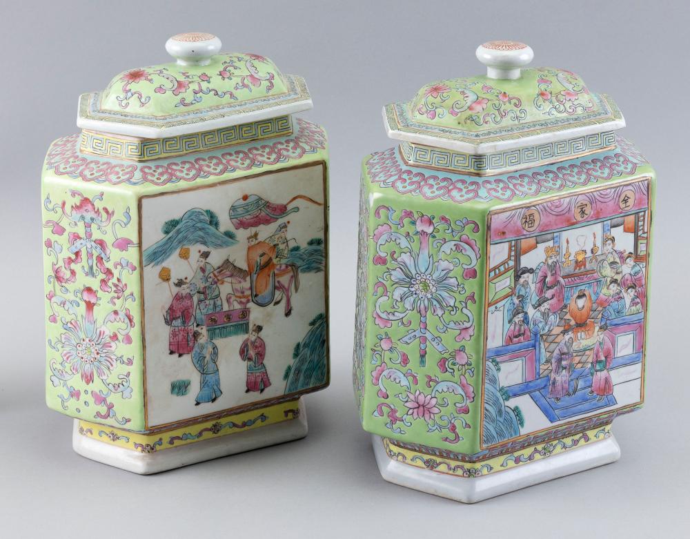 Appraisal: PAIR OF CHINESE FAMILLE ROSE PORCELAIN HEXAGONAL COVERED JARS TH