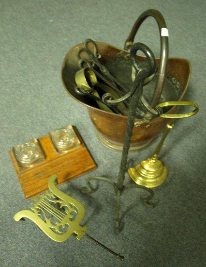 Appraisal: An oak inkstand fitted two glass wells and a quantity