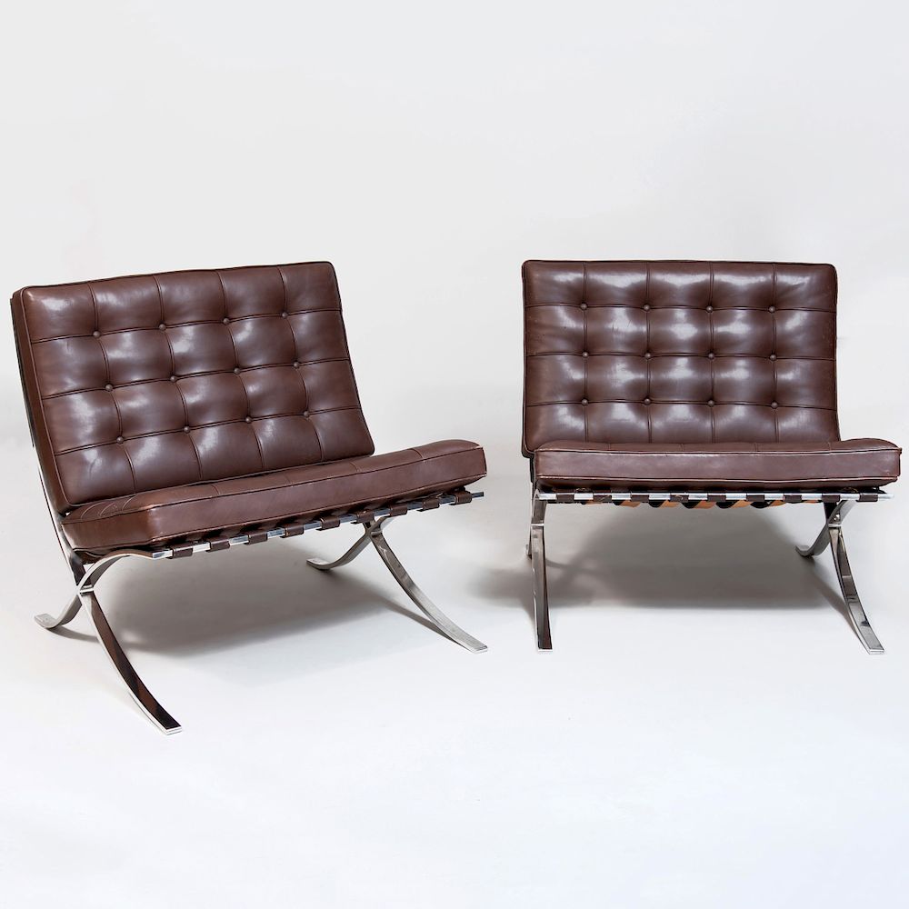 Appraisal: Pair of Knoll Chrome and Leather 'Barcelona' Chairs One with