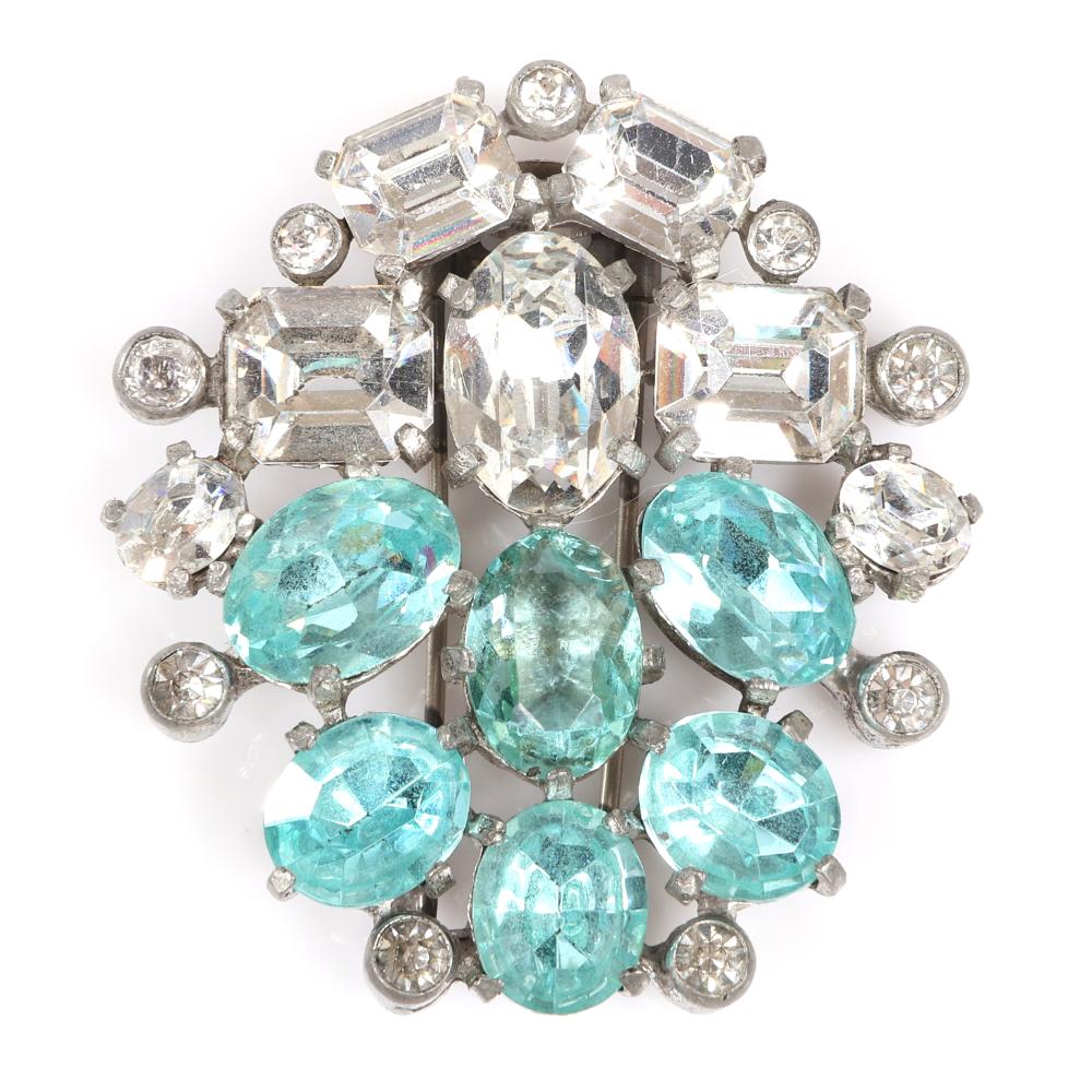 Appraisal: EISENBERG ORIGINAL AQUA AND CLEAR STONE DRESS CLIP IN SILVER