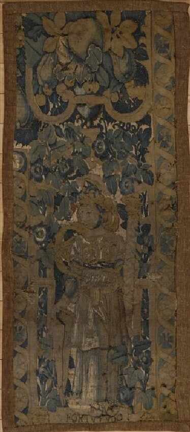 Appraisal: FLEMISH TH C TAPESTRY BORDER FRAGMENT FORTUTUDO Worked with an