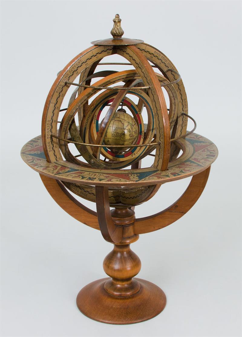 Appraisal: Continental Fruitwood Armillary Sphere With applied astrological paper illustrations x