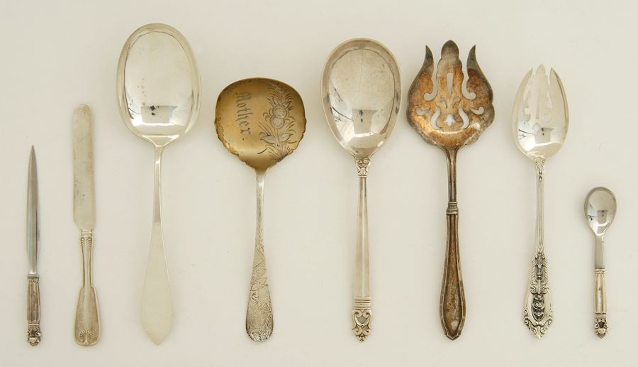 Appraisal: EIGHT STERLING SILVER SERVING PIECES By various makers Hand-hammered casserole