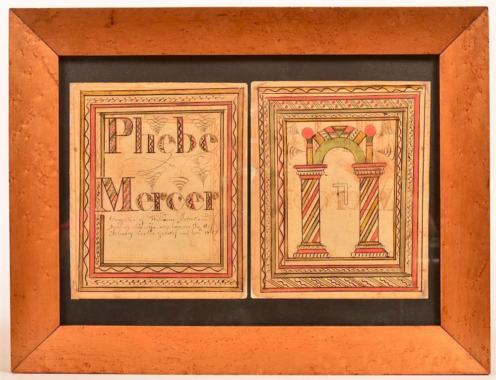 Appraisal: Fraktur Bookplates Inscribed for Phebe Mercer Framed Fraktur Bookplates Inscribed