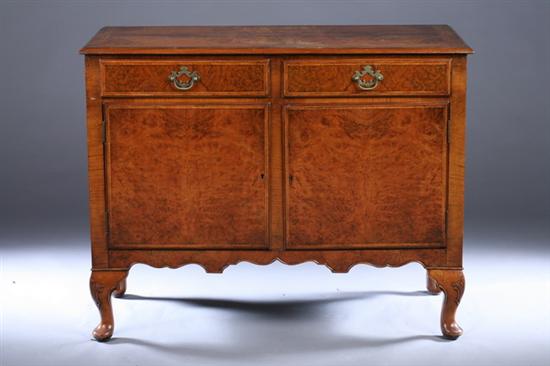 Appraisal: GEORGIAN STYLE BURLED WALNUT SIDE CABINET th century Book-matched veneer