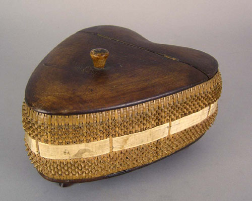 Appraisal: New England heart shaped serving box th c with quillwork