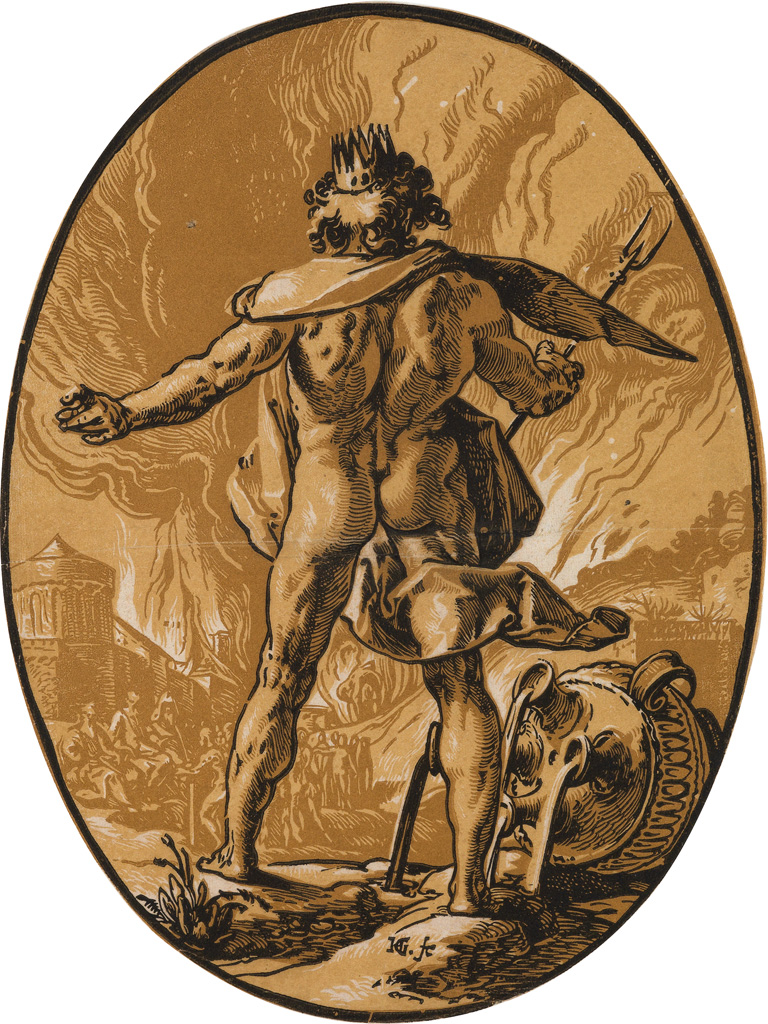 Appraisal: HENDRICK GOLTZIUS Pluto Chiaroscuro woodcut printed in tan ochre and