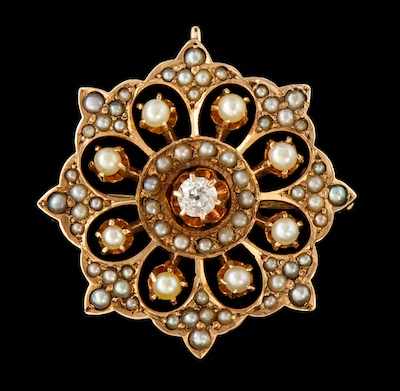 Appraisal: A Victorian Seed Pearl and Diamond Brooch k yellow gold