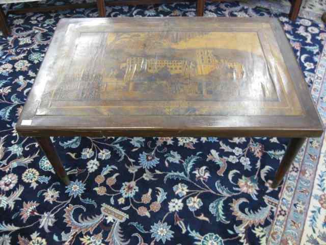 Appraisal: Marquetry Inlaid coffee Table village scene late th century ''