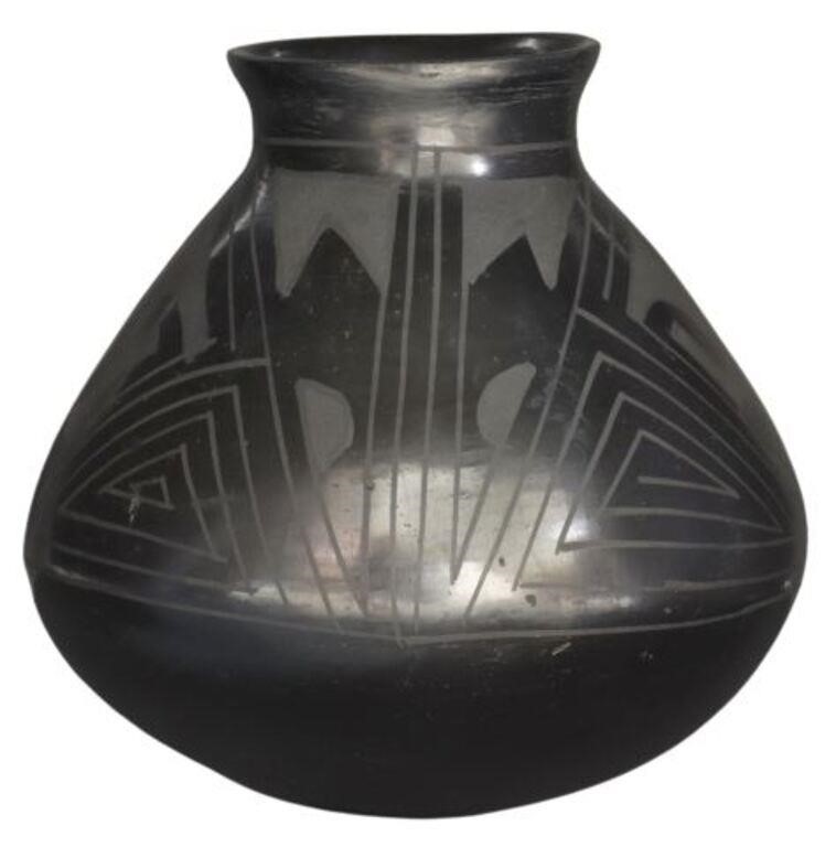 Appraisal: Burnished blackware pottery olla with geometric band approx h diam