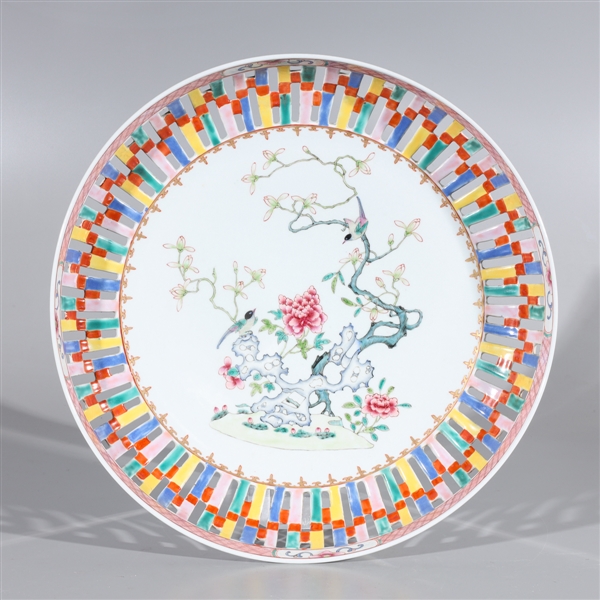 Appraisal: Chinese famille rose enameled porcelain charger with birds and flowers