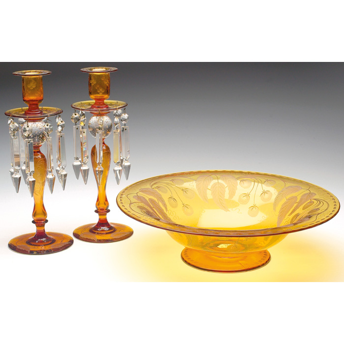 Appraisal: Pairpoint candlesticks pair corset form in etched amber glass with