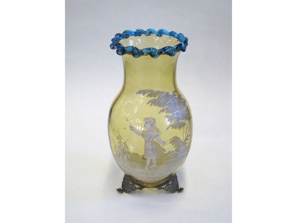 Appraisal: Mary Gregory style vase with blue frilled rim on gilt