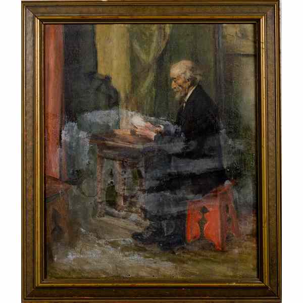 Appraisal: Interior Scene Portrait of a Man Reading Oil on canvas