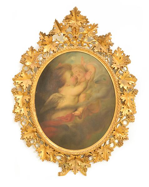 Appraisal: EUROPEAN SCHOOL Two cherubs oil on board cm high oval