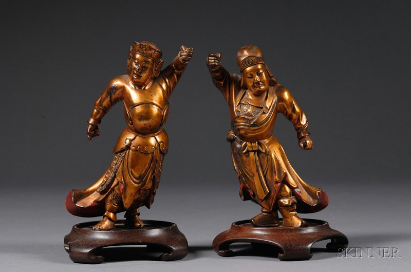 Appraisal: Pair of Guardian Figures China th century carved wood with