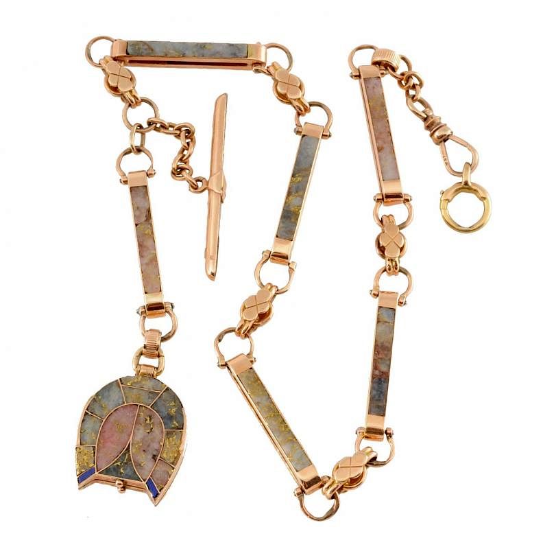 Appraisal: Gold Quartz Chain with Horseshoe Fob Circa Six links decorated