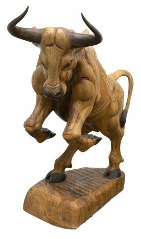 Appraisal: Large carved wood figure Bull rearing up on hind legs