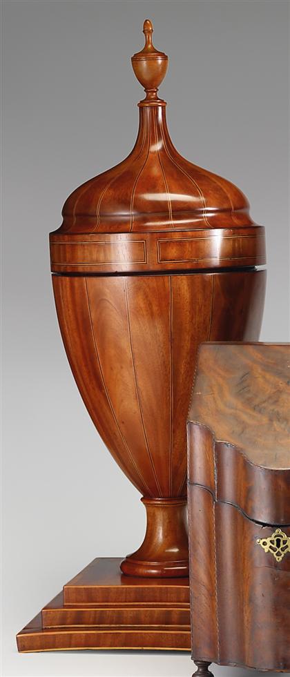 Appraisal: Pair of Federal Regency inlaid mahogany knife urns late th