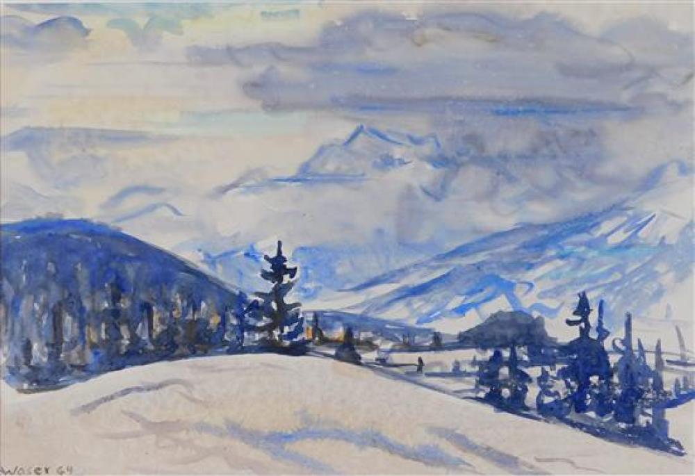 Appraisal: Heinrich Waser Swiss - watercolor on paper depicts winter landscape