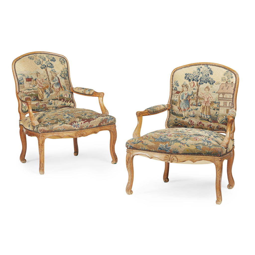 Appraisal: PAIR OF FRENCH BEECH AND NEEDLEWORK UPHOLSTERED ARMCHAIRS LATE TH