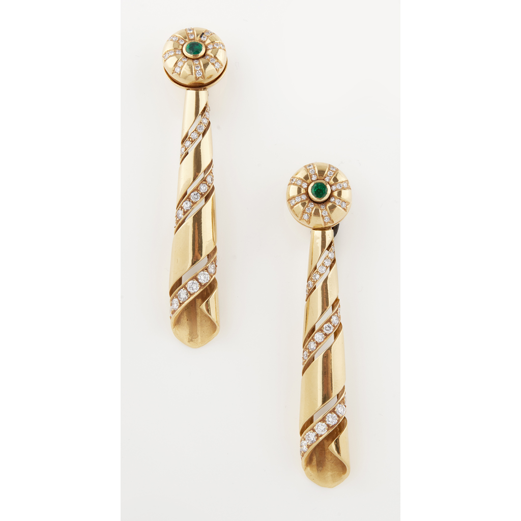 Appraisal: A pair of diamond and emerald set pendant earrings each