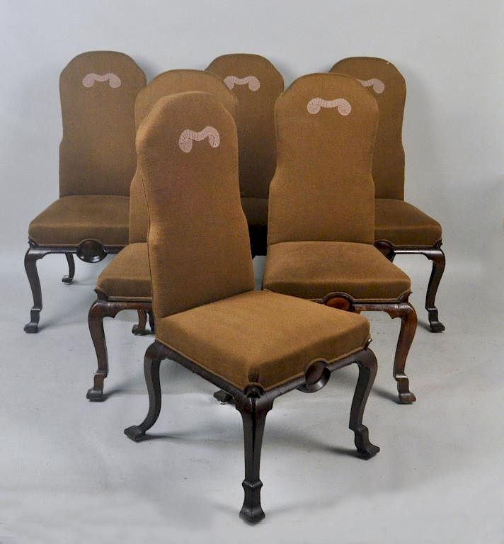 Appraisal: Set Six Continental Queen Anne Dining Chairs upholstered in linen