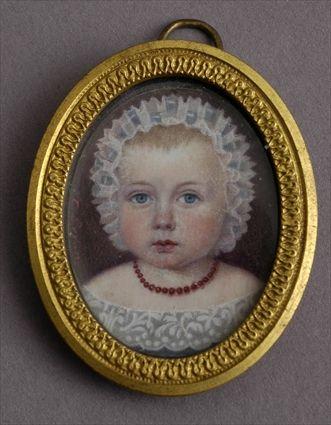 Appraisal: OVAL PORTRAIT MINIATURE OF A CHILD IN BONNET Watercolor on