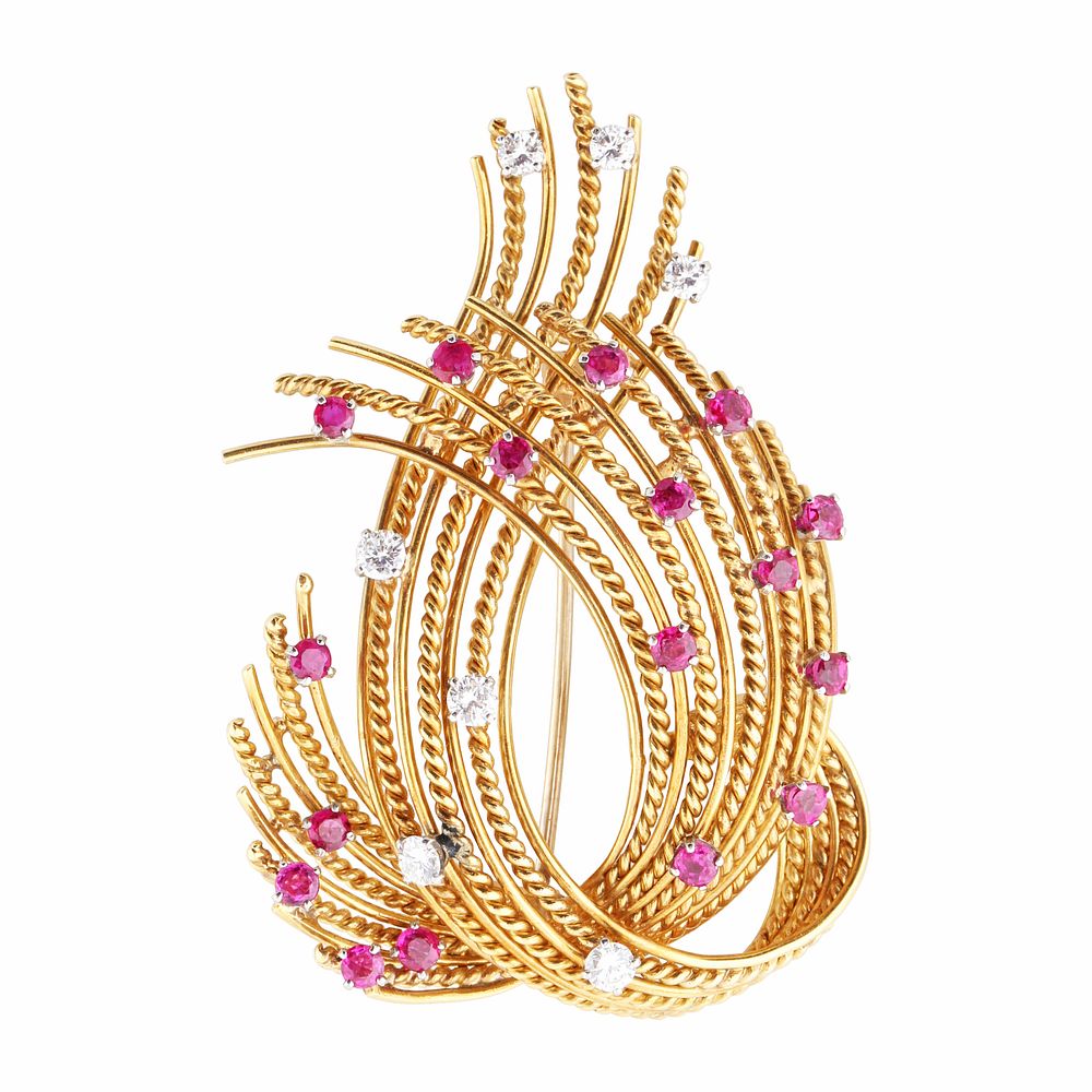 Appraisal: K GOLD BROOCH WITH DIAMOND AND SPINEL K GOLD BROOCH