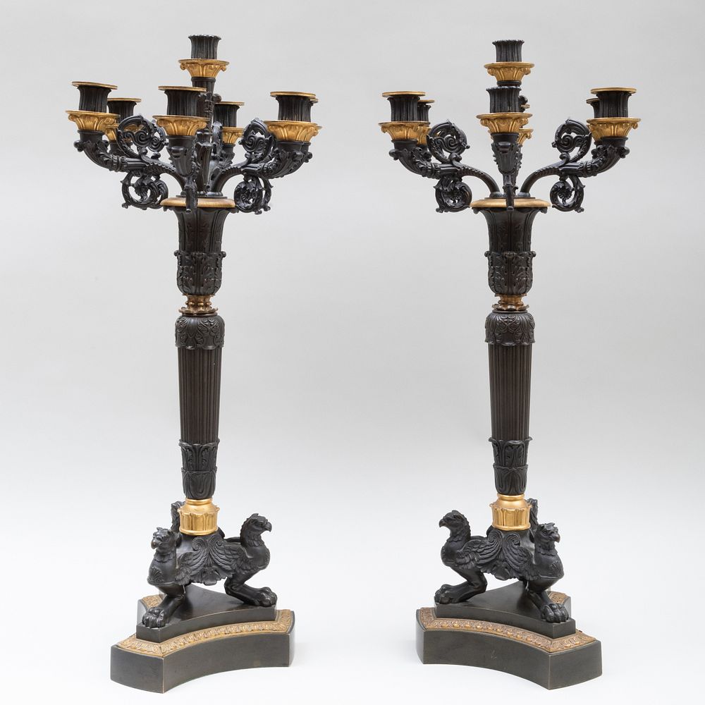 Appraisal: Pair of Charles X Style Gilt and Patinated-Bronze Five-Light Candelabra