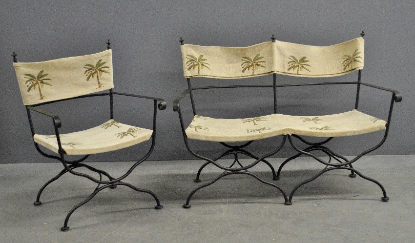 Appraisal: - Wrought iron director s settee and chair decorated with