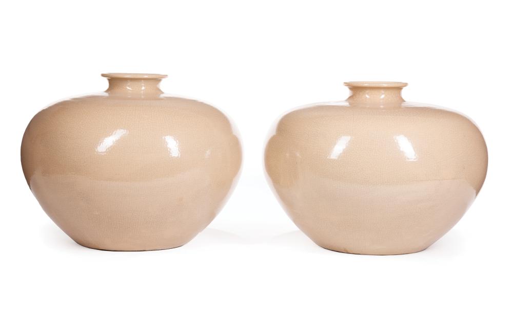 Appraisal: Pair of Chinese Ge-Style Porcelain Globular Vases overall pale creamy-brown